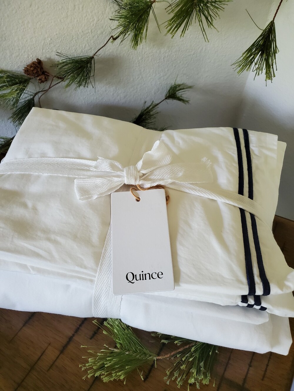 NWT Quince White Navy Organic Cotton Percale Embellished Queen Duvet Cover Set